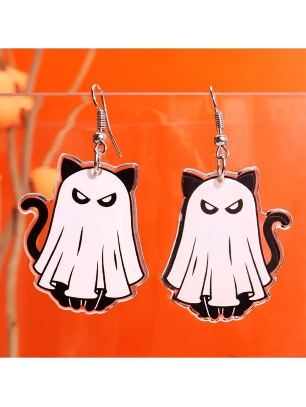 Cute Ghost Cat Dangle Earrings - White and Black